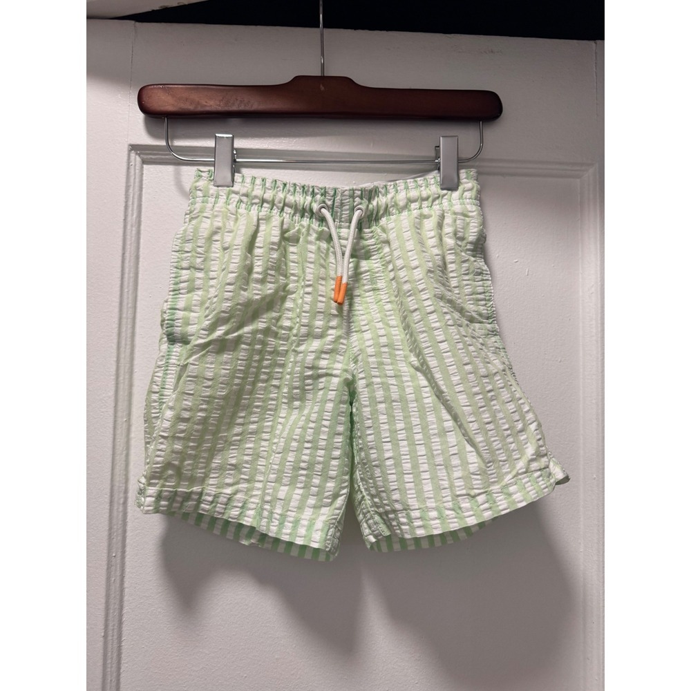 Cat & Jack Boys Green White Seersucker Swim Trunks Shorts Size M 8 Drawstring‎